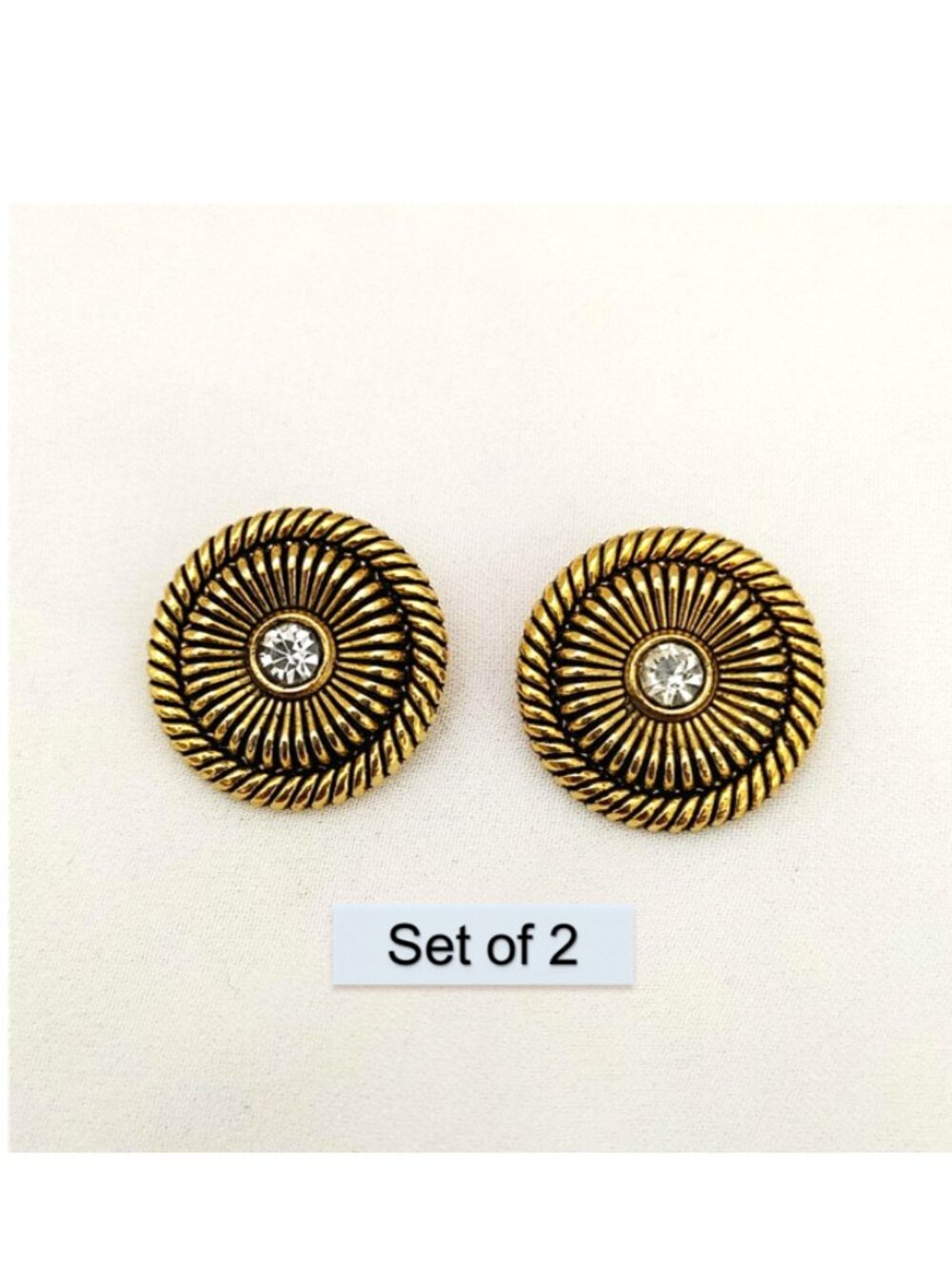 Set of 2 Brass Rope Style Metal Button Round Vintage Gold Shank Clear Stone 17mm